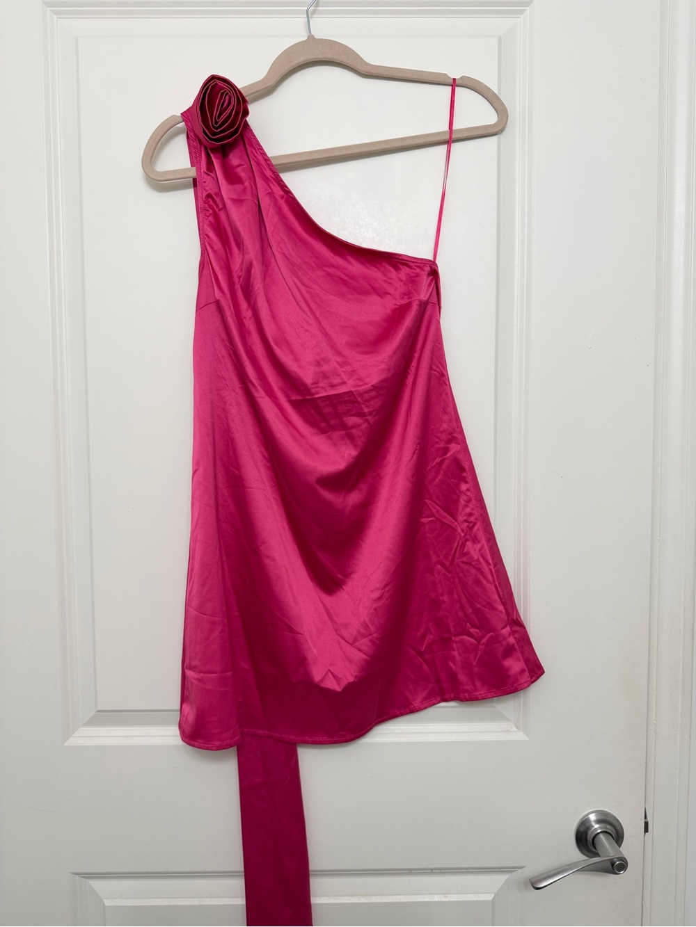 Forever 21 One-Shoulder Hot Pink Satin Dress with Rosette
